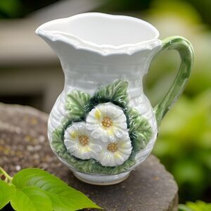 Lefton Rustic Daisy Basketweave Porcelain Pitcher Creamer 1950s Japan 6 Inch